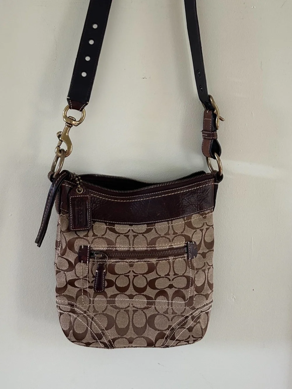 Coach Signature Tan and Brown Canvas Y2K Crossbody Bag With Leather Trim